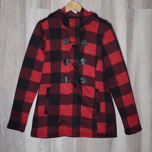 Madden Girl Medium Red Black Buffalo Check Hooded Full Zip‎ Fleece Coat Casual